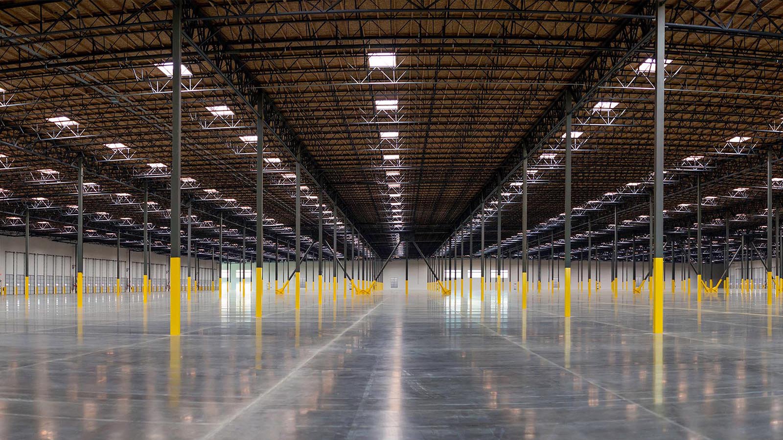 Interior architectural photograph of an empty fulfillment center warehouse in San Bernardino, California