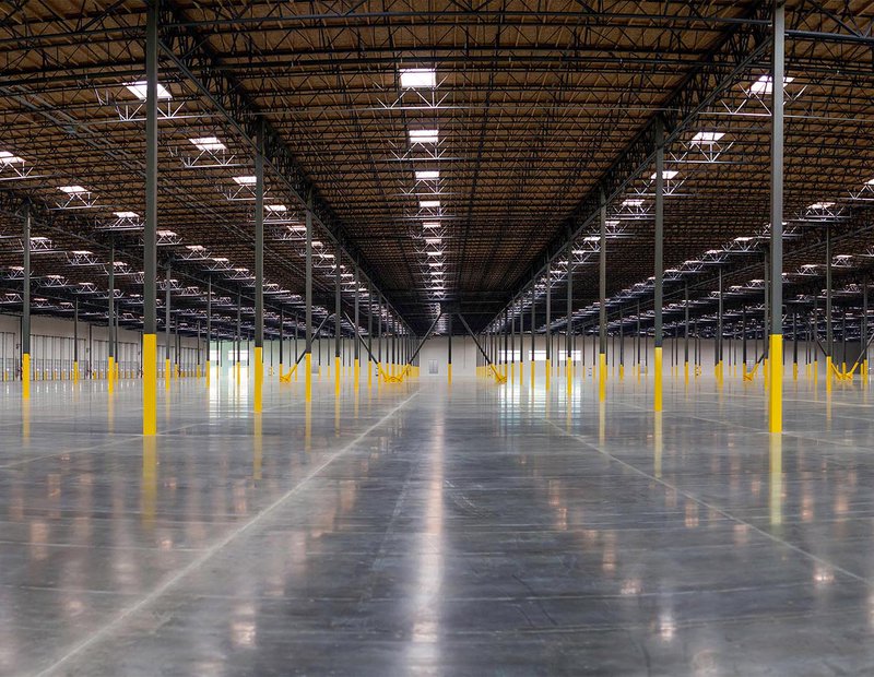 Interior architectural photograph of an empty fulfillment center warehouse in San Bernardino, California