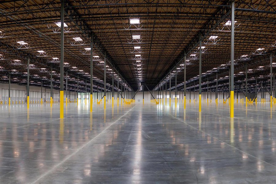 Interior architectural photograph of an empty fulfillment center warehouse in San Bernardino, California