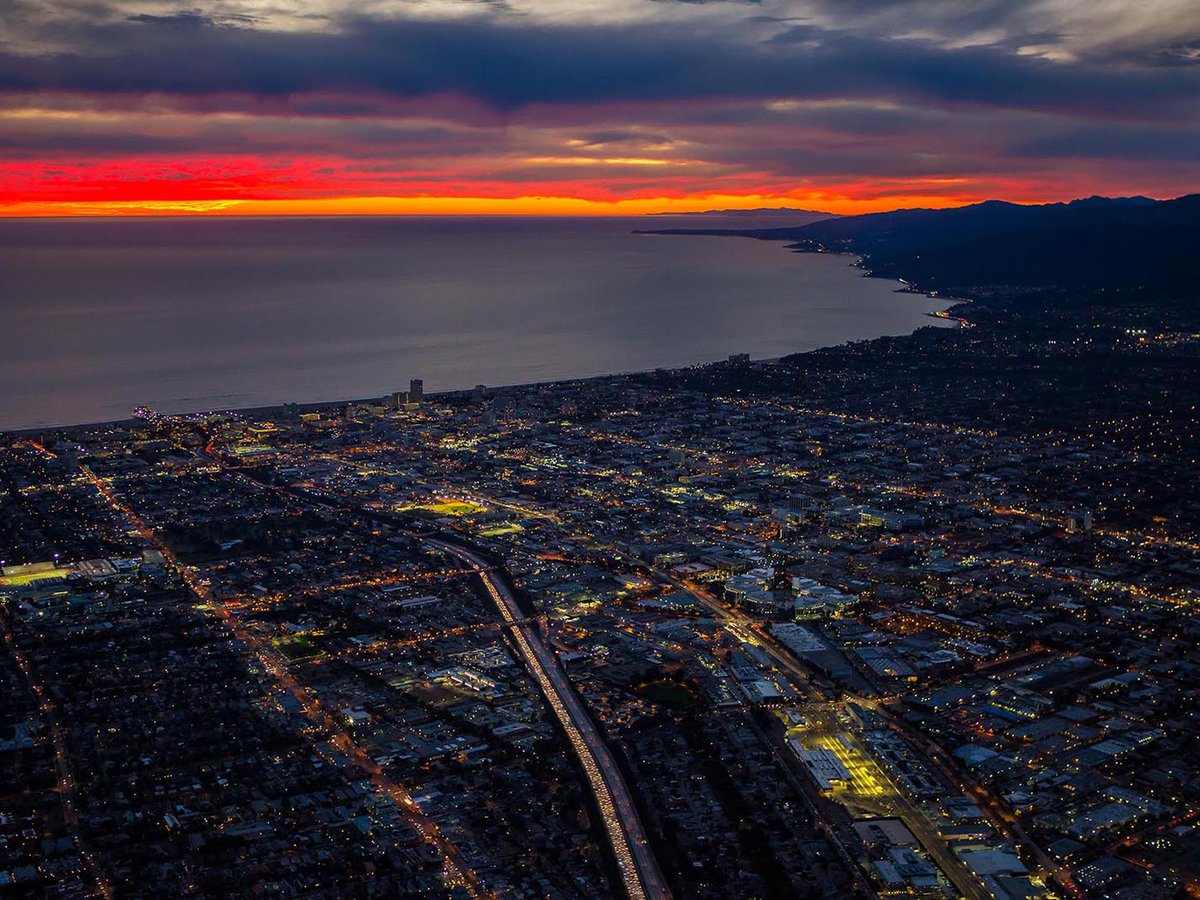 Aerial cityscape of the Santa Monica Bay at Sunset with Santa Cruz Island in the distance