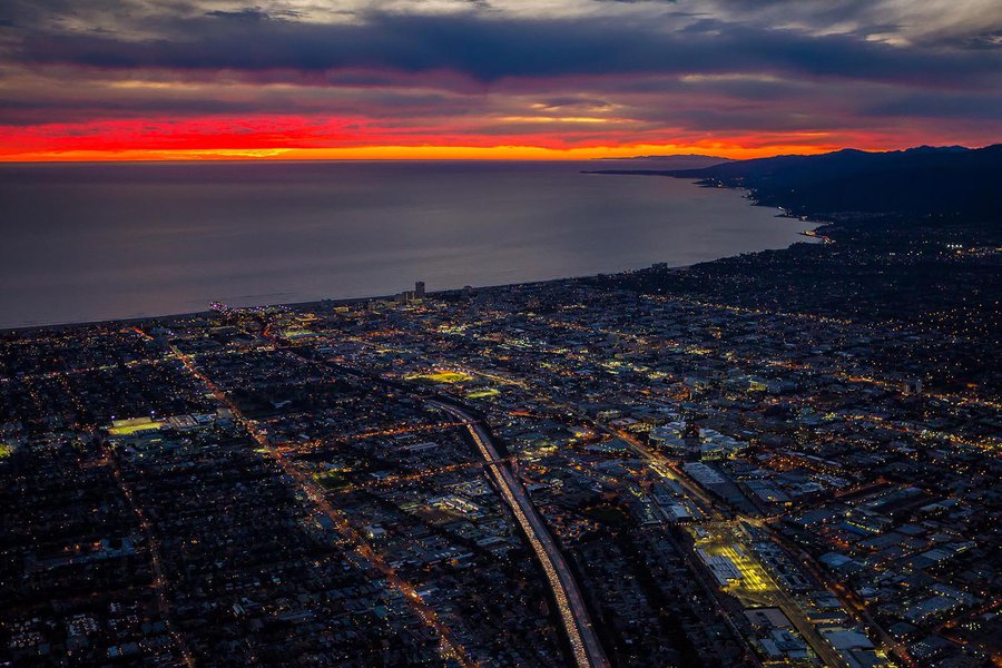 Aerial cityscape of the Santa Monica Bay at Sunset with Santa Cruz Island in the distance