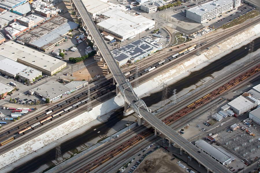 Aerial photo of the original Sixth Street Viaduct Bridge as it crosses the LA River in Downtown Los Angeles, California