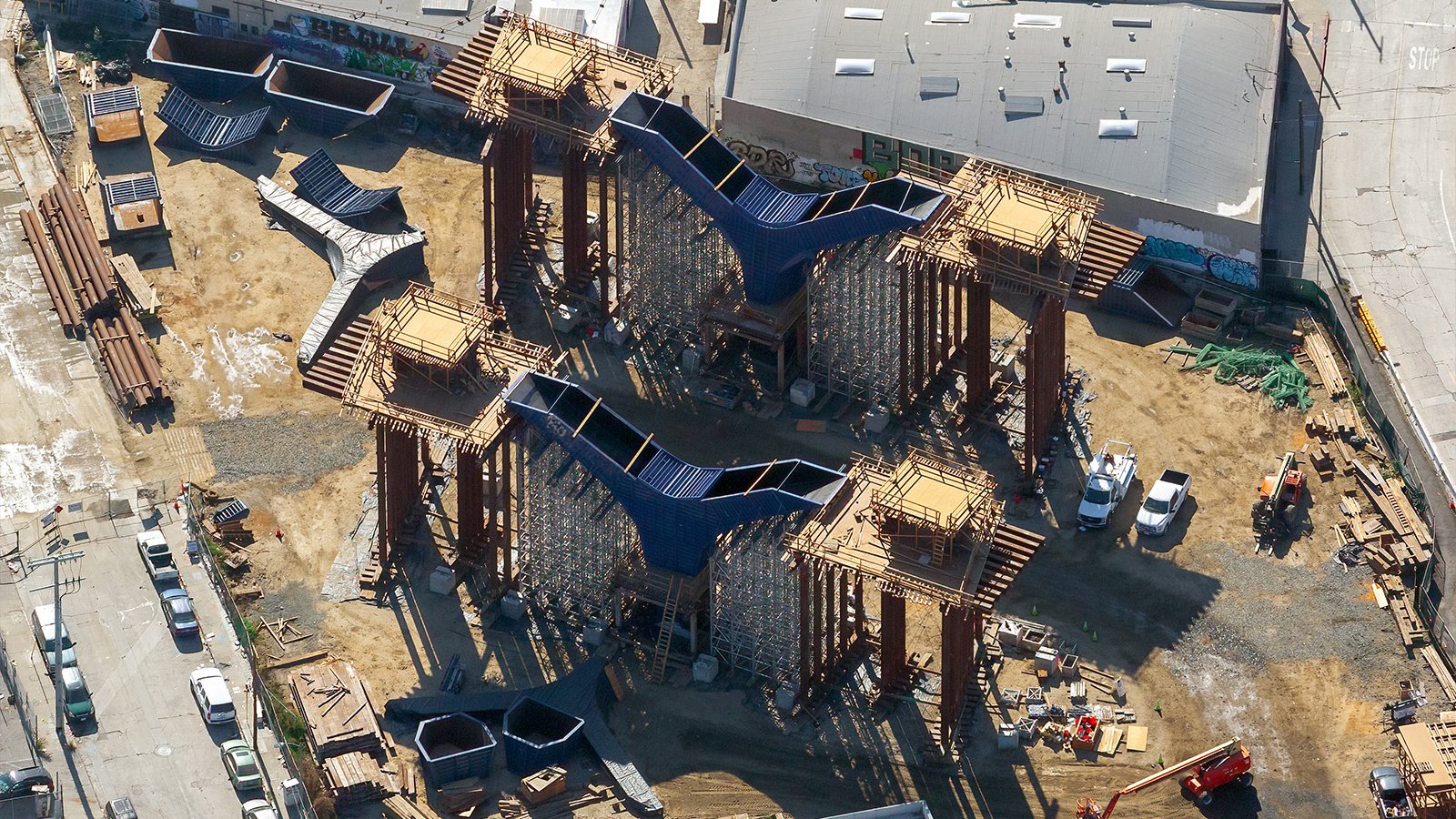 Aerial blog construction photo of the Sixth Street Viaduct Bridge piles, which support the weight of the bridge, in Los Angeles, California