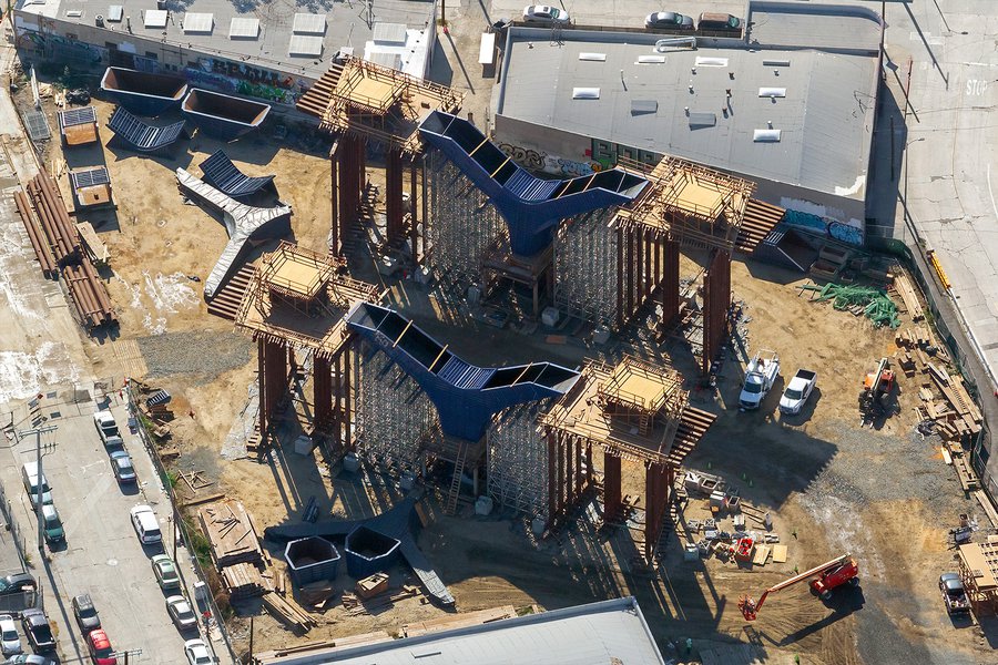 Aerial blog construction photo of the Sixth Street Viaduct Bridge piles, which support the weight of the bridge, in Los Angeles, California