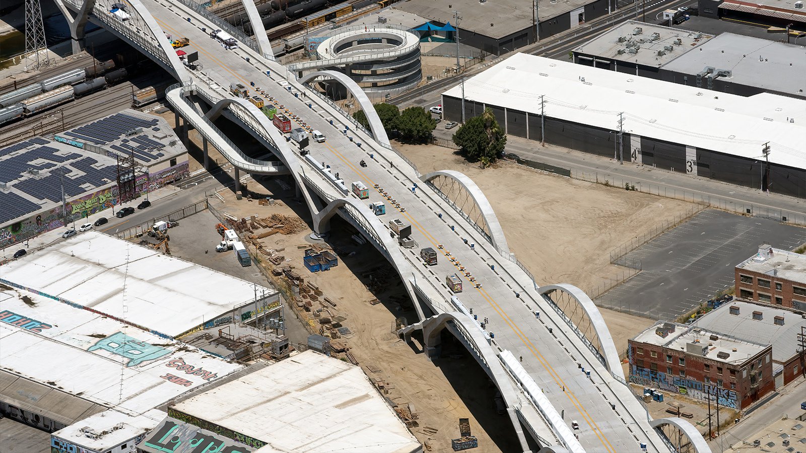 Aerial blog photo of food trucks and tables on the Sixth Street Bridge during its opening weekend