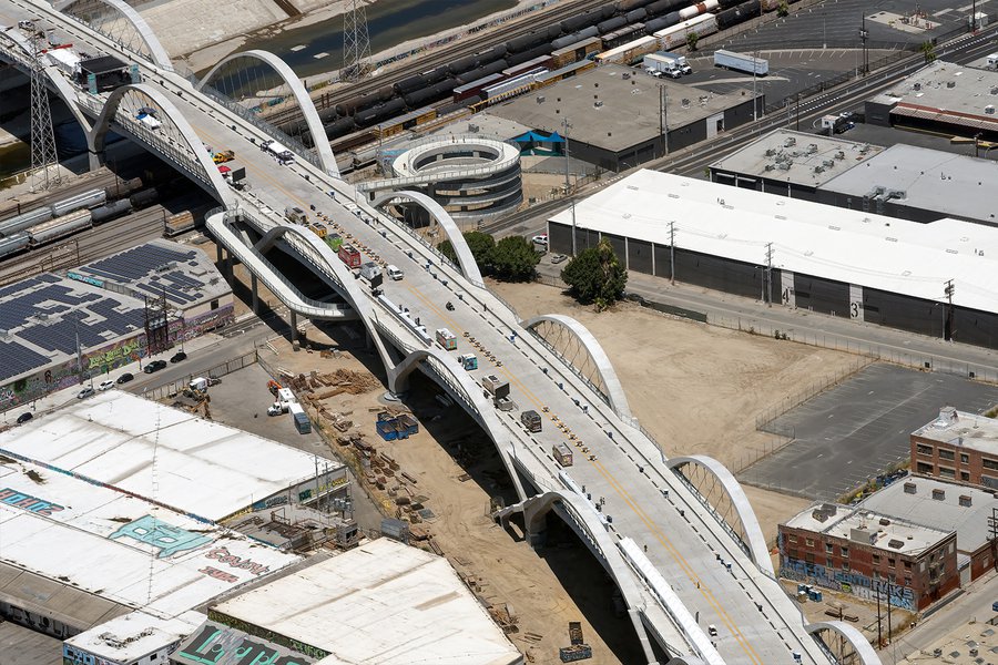 Aerial blog photo of food trucks and tables on the Sixth Street Bridge during its opening weekend