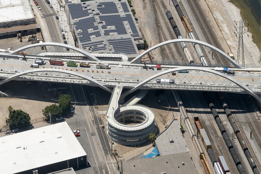 Aerial blog image of the circular ramp to access the Sixth Street Bridge during its opening weekend in Downtown Los Angeles, California