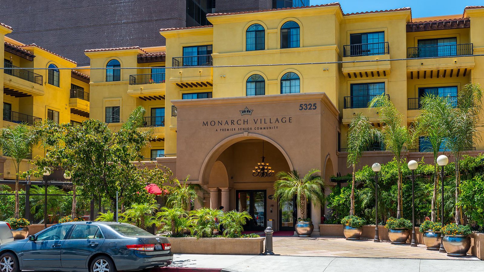 Exterior architectural photo of Monarch Village, a premiere senior living community in Tarzana, California