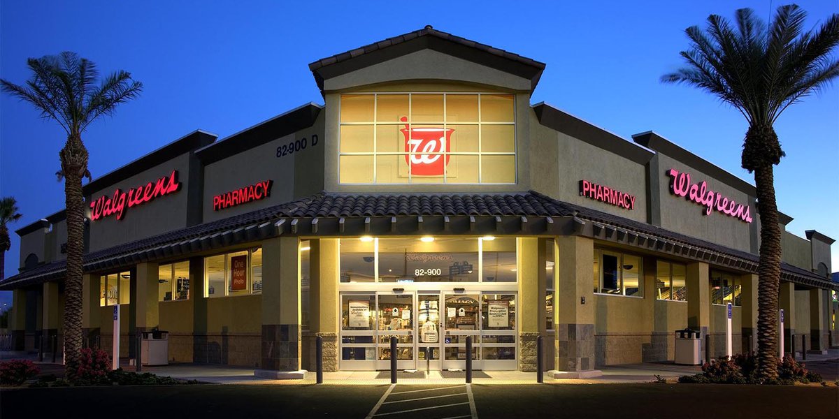Exterior Architectural night photo of a Walgreens in Indio, California