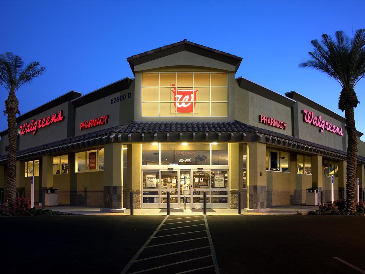 Exterior Architectural night photo of a Walgreens in Indio, California