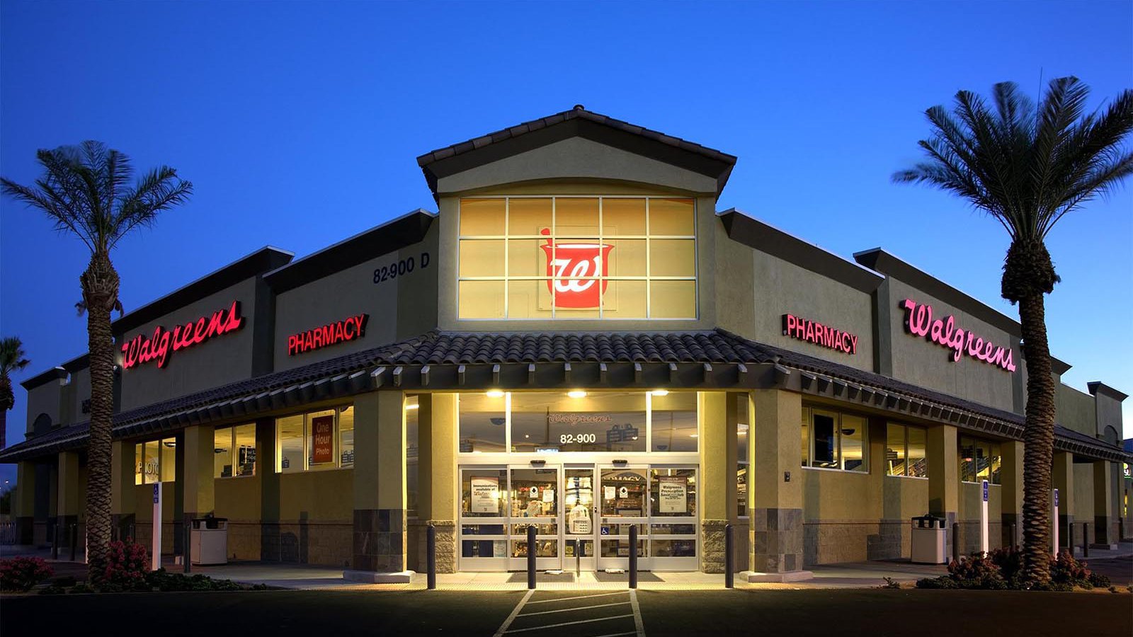 Exterior Architectural night photo of a Walgreens in Indio, California