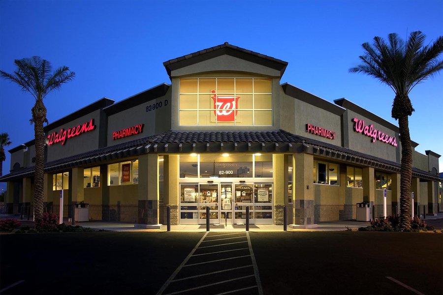 Exterior Architectural night photo of a Walgreens in Indio, California