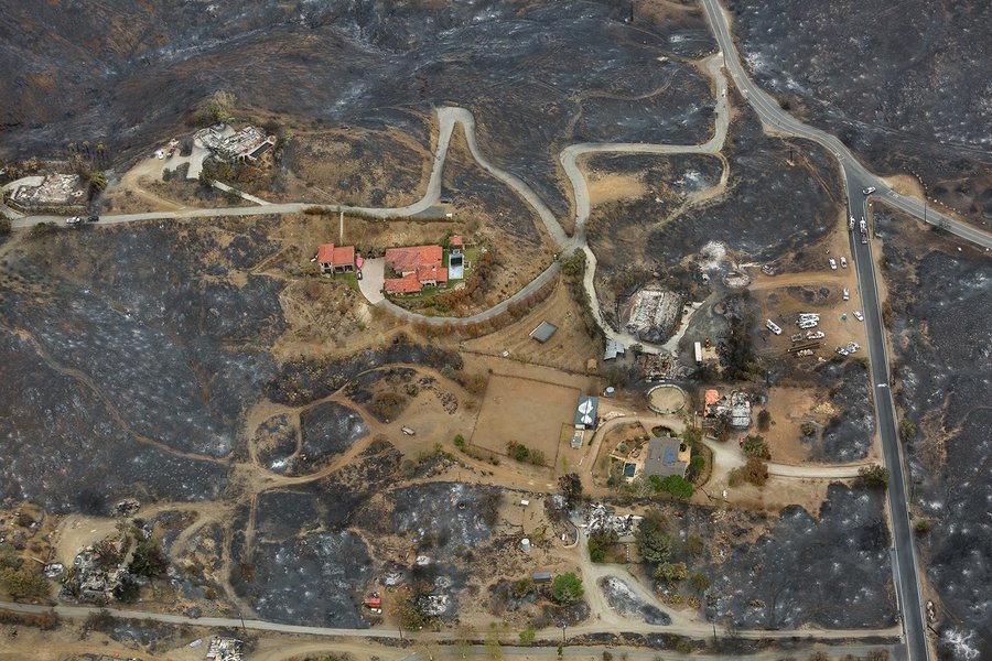 This aerial photograph captures a clear image of the aftermath of the Woolsey Fire in Arroyo Sequit. Aerial photography providedes an unparalleled view of the destruction caused by the fire, allowing us to see its full impact on this community and beyond.