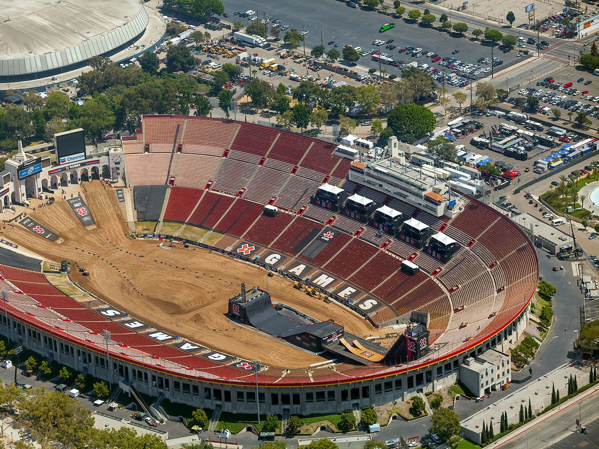 Blog photo of the LA Memorial Coliseum converted to dirt and sporting jumps to host the 2010 X Games