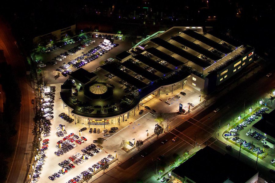 Commercial real estate photo of a Mercedes-Benz Dealership at night in Van Nuys, California