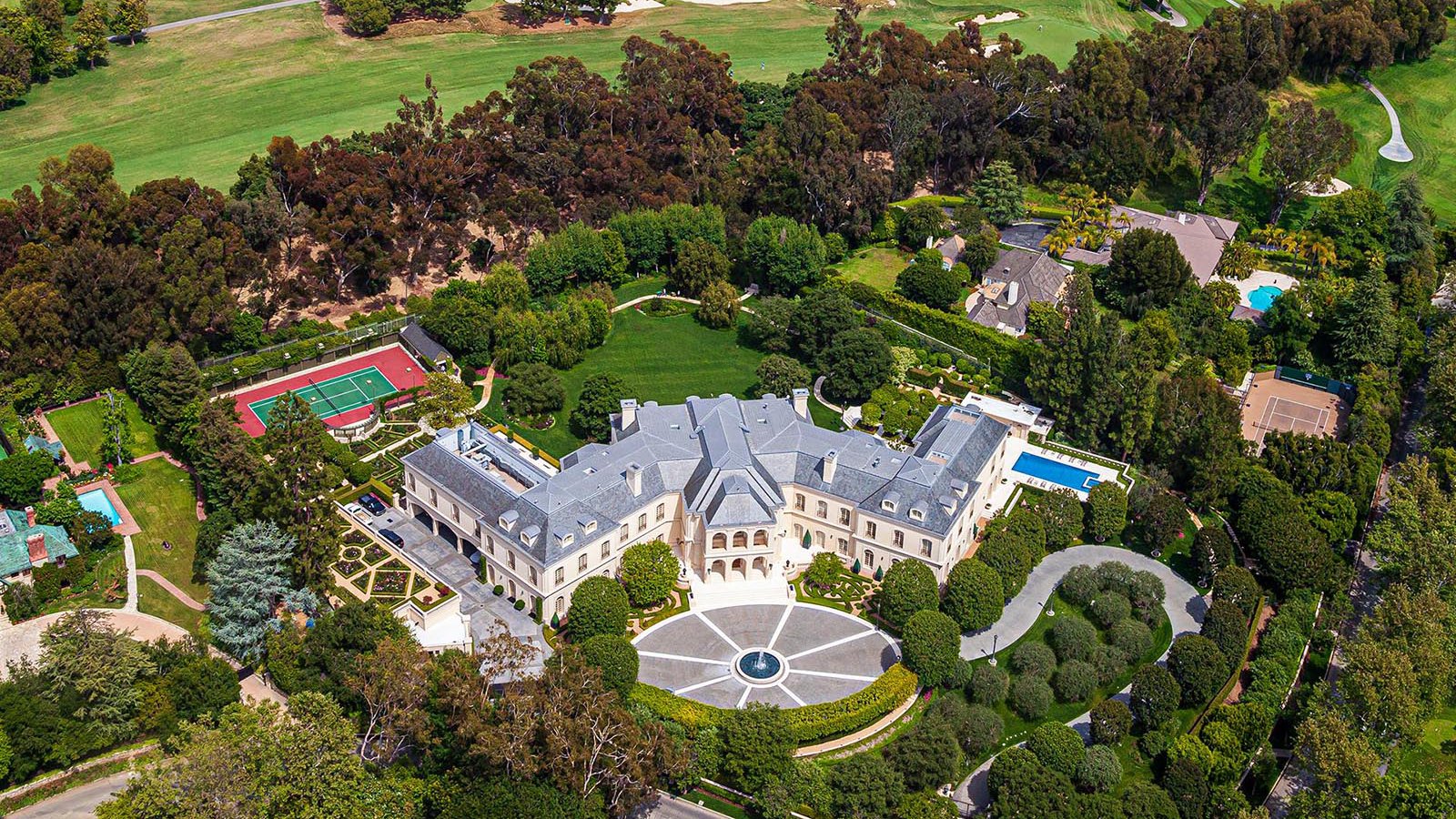 Residential celebrity real estate image of The Manor estate in the Holmby Hills neighborhood of Los Angeles, California