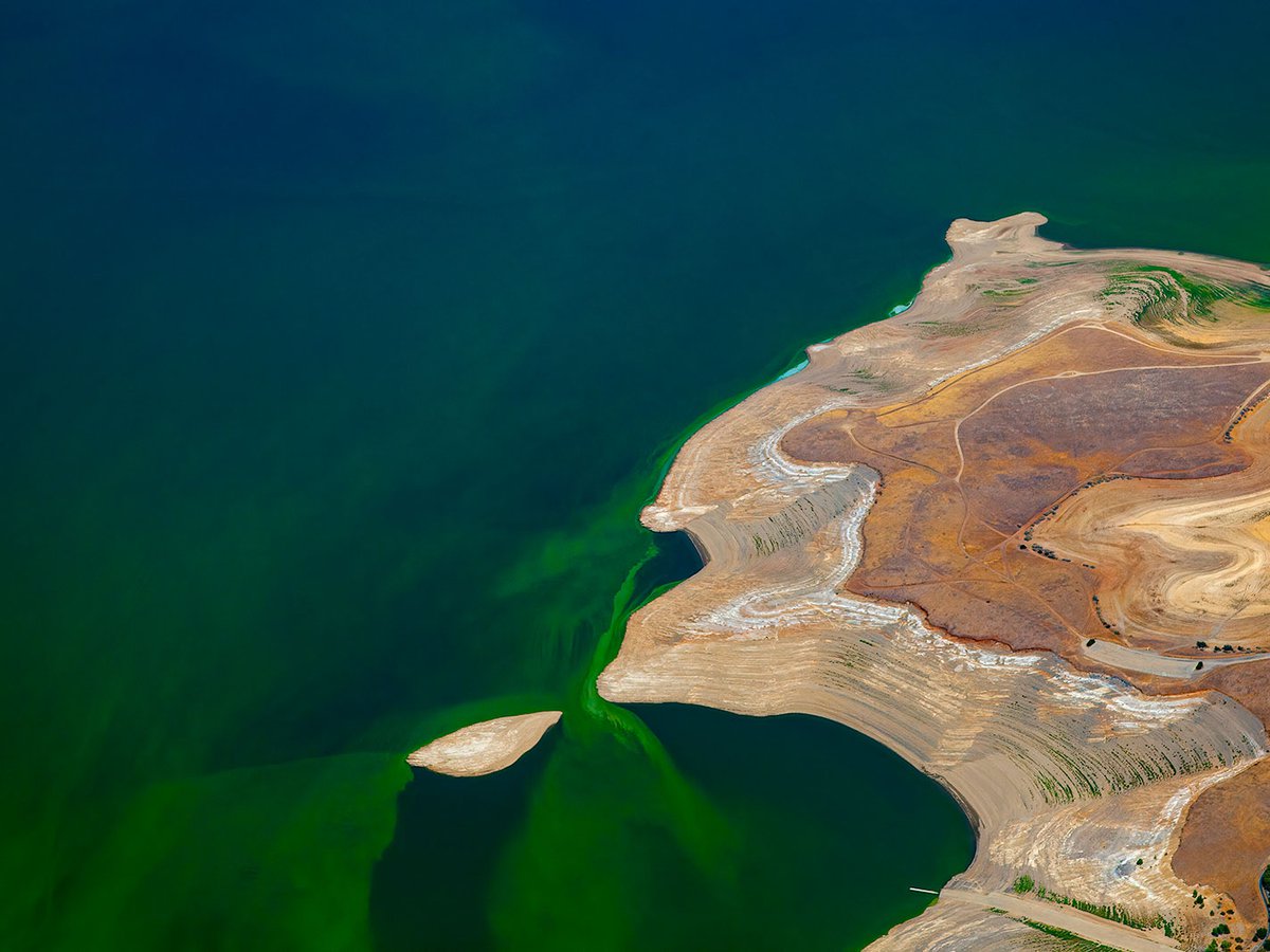 Blog photo of an artistic abstract aerial photograph, of an algae bloom in a California lake