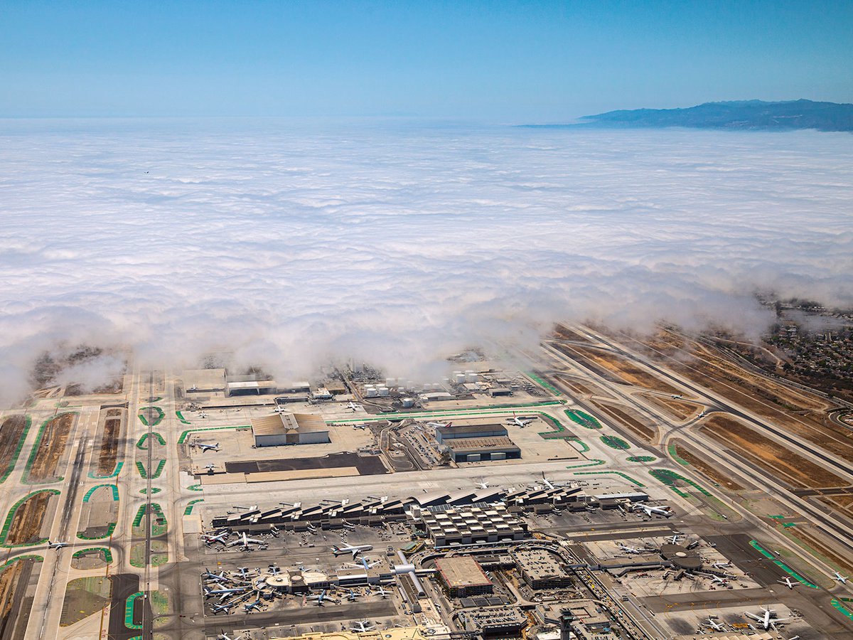 Blog image of a fog bank enveloping Los Angeles International Airport, a common occurrence of "June Gloom" that typically happens in June.