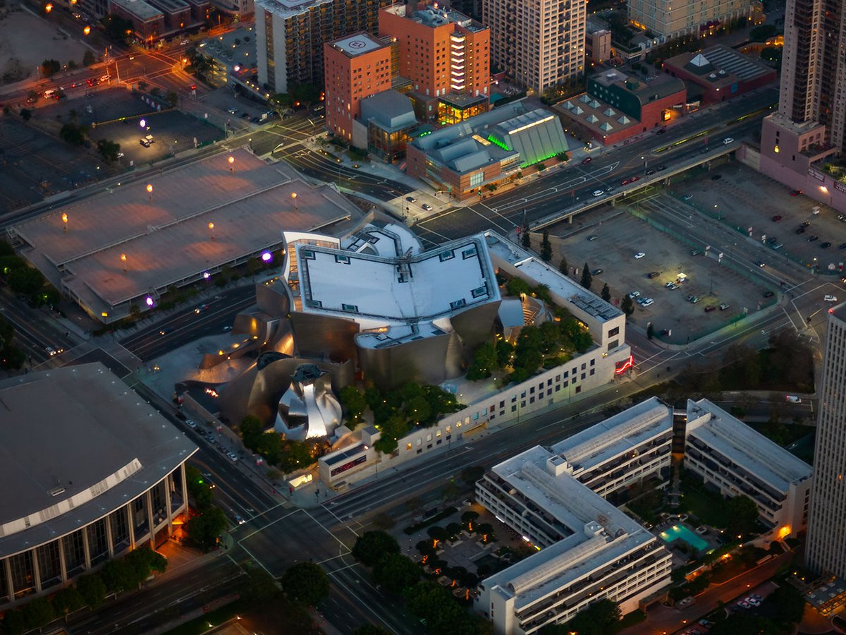 Aerial photograph of the Walt Disney Center in Downtown Los Angeles at dusk