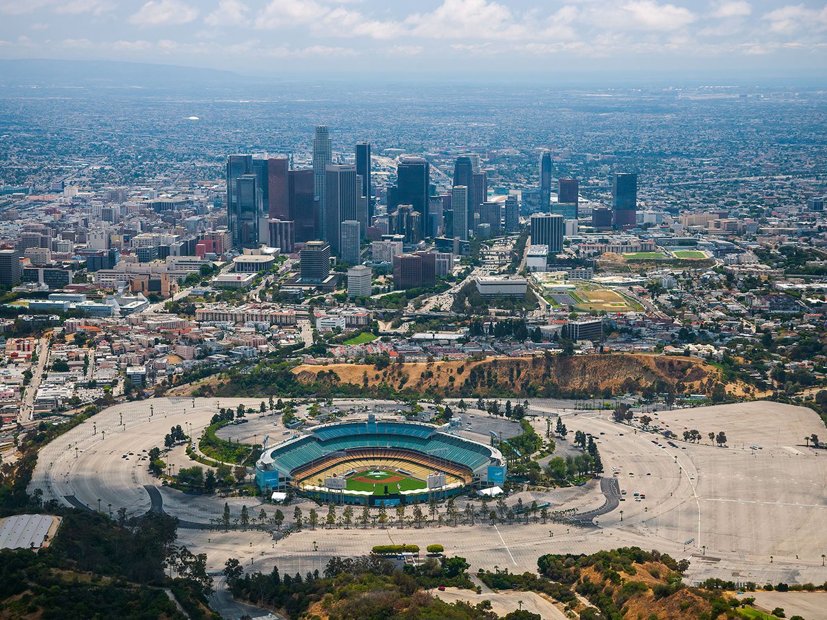 Blog aerial photograph of Dodger Stadium looking southward towards Downtown Los Angeles, California