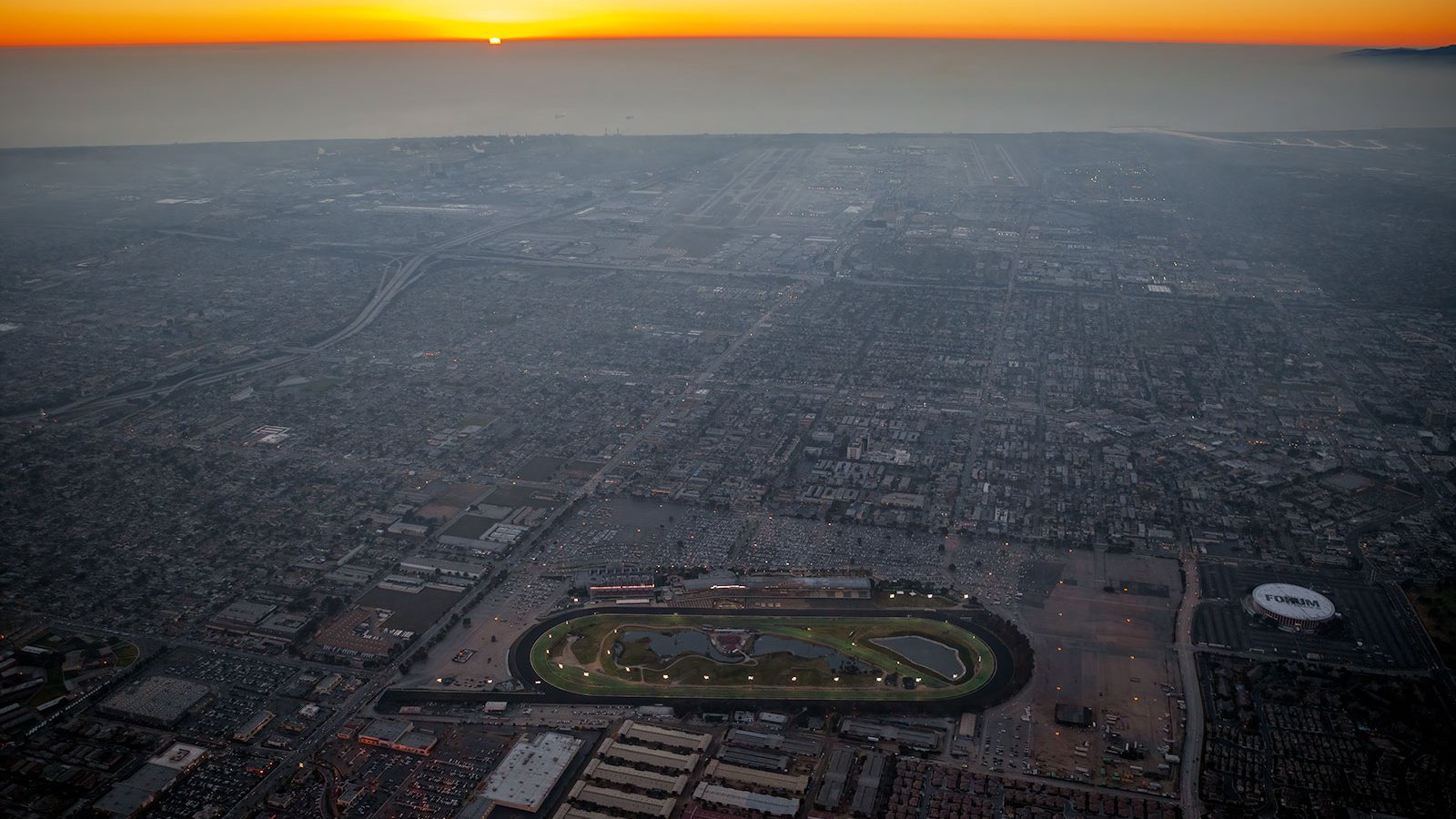 Blog sunset photo of Hollywood Park in Inglewood, California before the construction of the SoFi Stadium