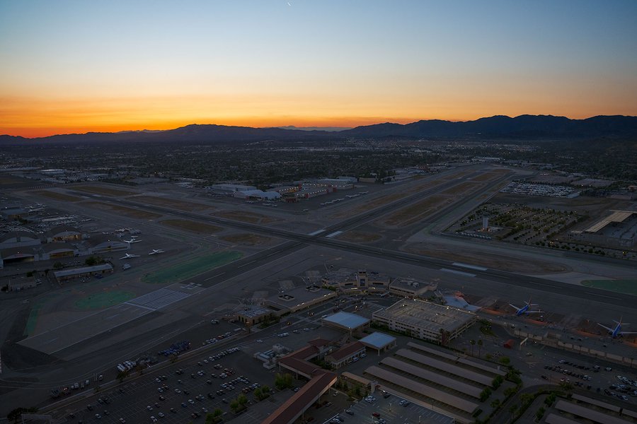 Blog photograph from helicopter flight of Burbank Airport at sunset