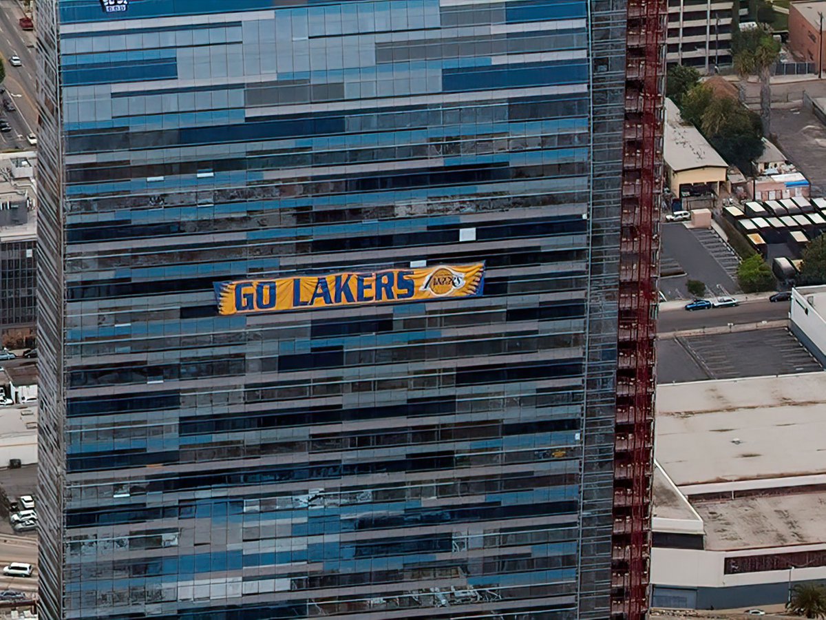 Blog image of a Go Lakers banner on the side of the Ritz Carlton Hotel in Downtown Los Angeles, California