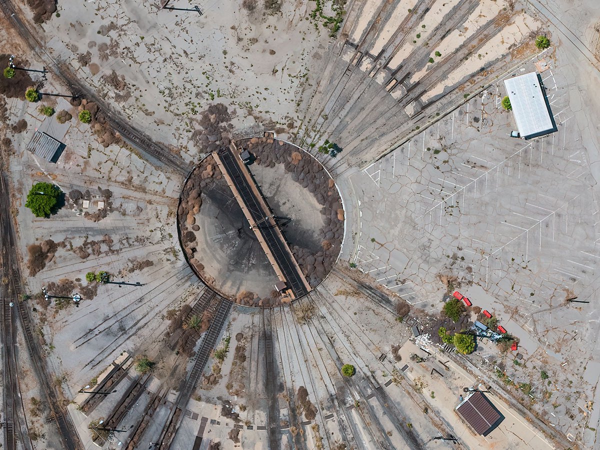 Aerial photo of a train switching area in Los Angeles, California