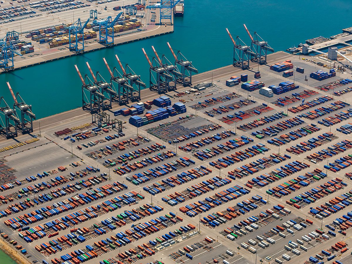 Aerial photo of shipping containers and cranes at the Port of Los Angeles in San Pedro, California