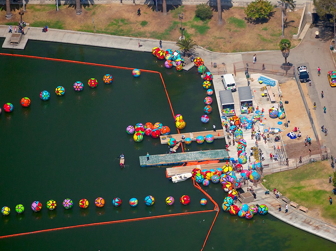 Blog image of the installation of the Spheres art installation at MacArthur Park in Los Angeles, California