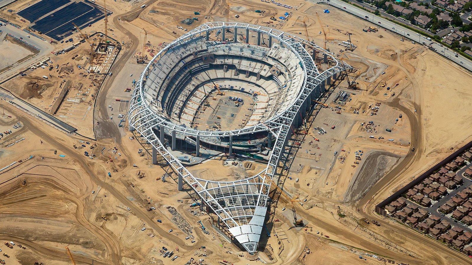 Blog close-up image of the SoFi Stadium construction in June 2019 at Hollywood Park in Inglewood, California