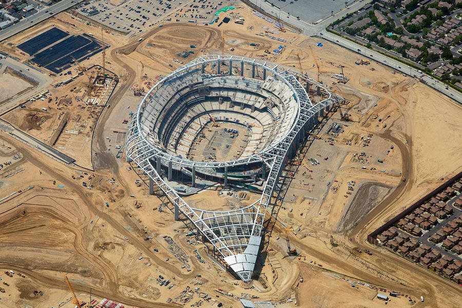 Blog close-up image of the SoFi Stadium construction in June 2019 at Hollywood Park in Inglewood, California
