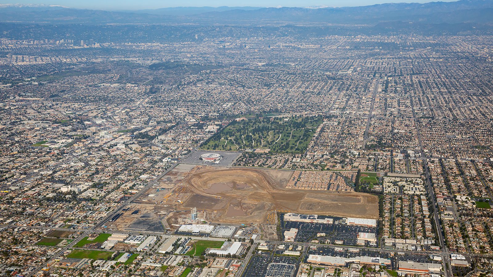 Blog construction progress photo of the SoFi Stadium construction in February 2017 at Hollywood Park in Inglewood, California before the stadium construction began