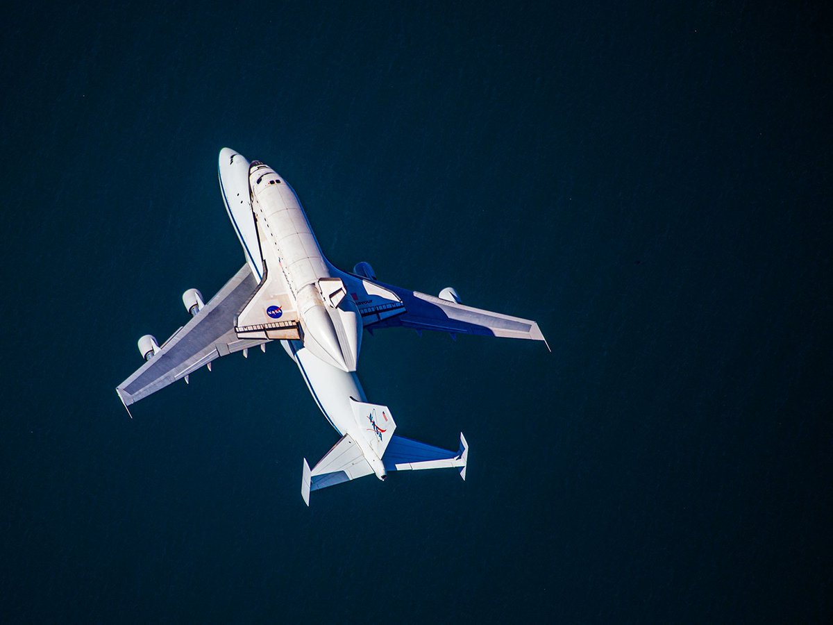 Blog image of the Space Shuttle Endeavour's final flight, flying over Long Beach, minutes before it touched down for the last time at LAX