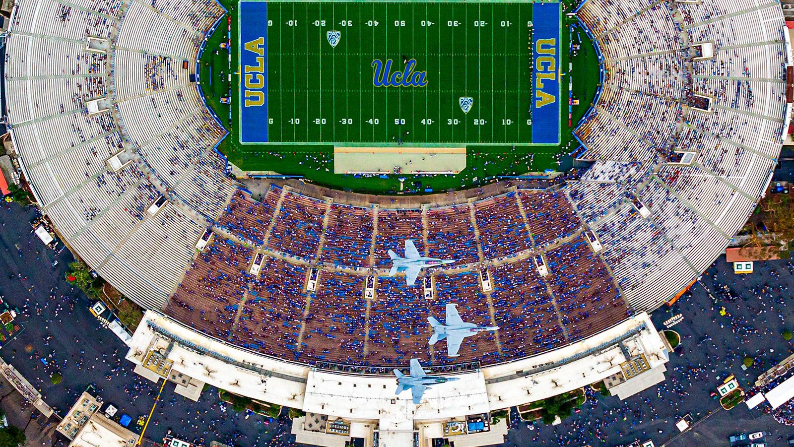 Blog image of 3 F-18s flying over the Rose Bowl Stadium at the beginning of a UCLA vs Texas A&M NCAA football game