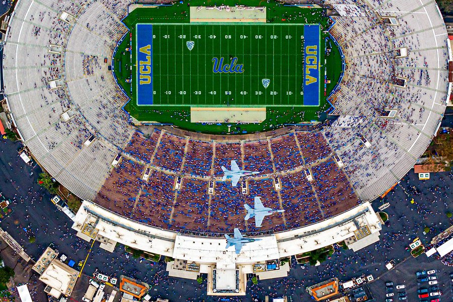 Blog image of 3 F-18s flying over the Rose Bowl Stadium at the beginning of a UCLA vs Texas A&M NCAA football game