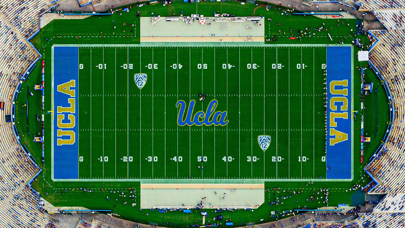 Close-up blog image of the Rose Bowl Stadium Field just before the UCLA & Texas A&M NCAA football teams begin their match