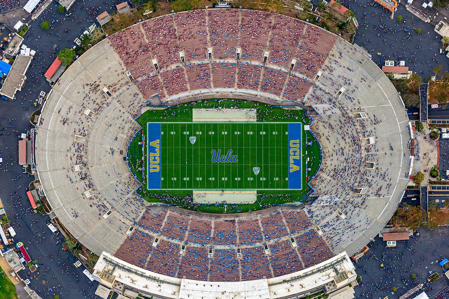 Wide blog image of the Rose Bowl Stadium Field just before the UCLA & Texas A&M NCAA football teams begin their match