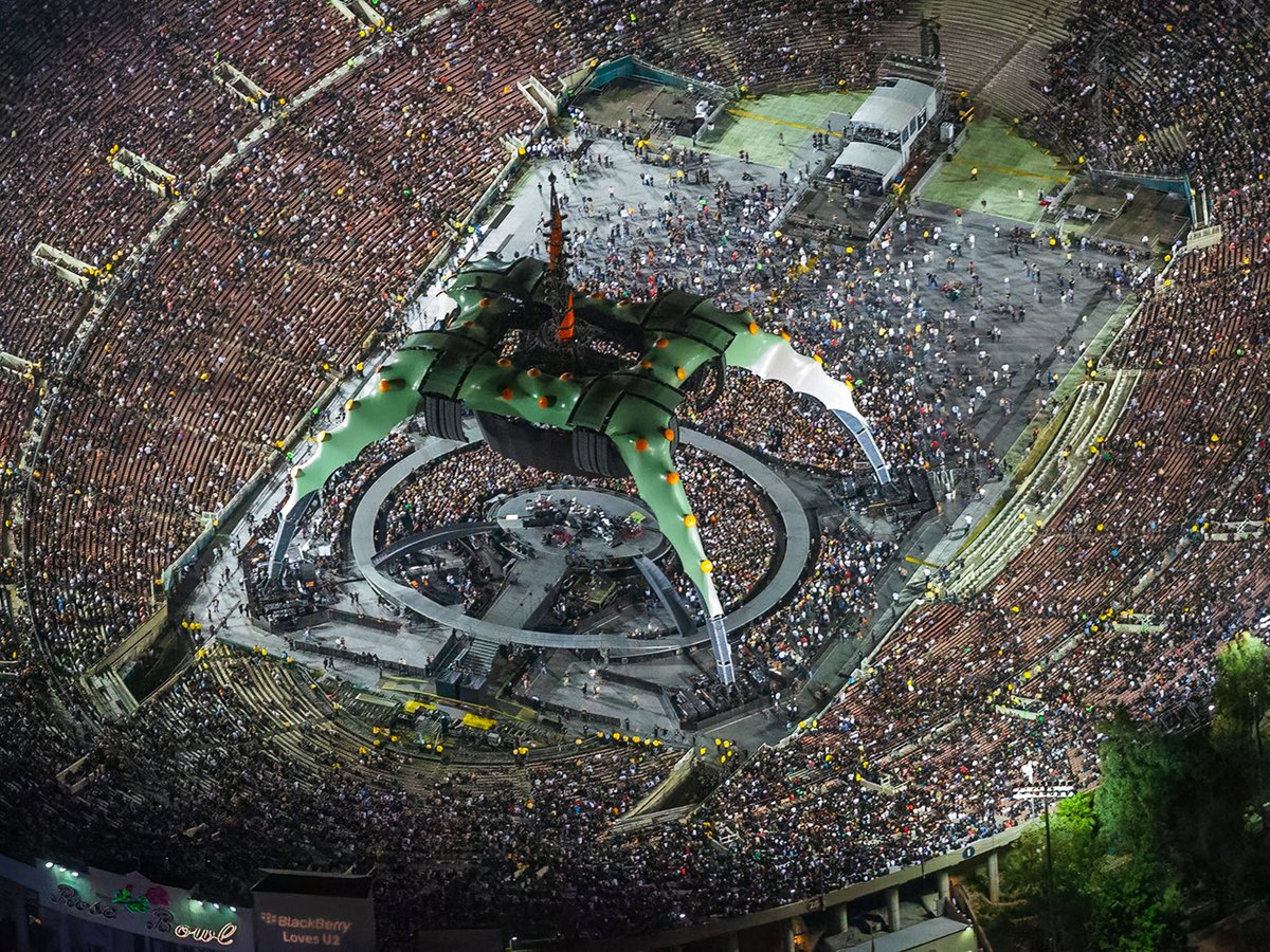 Close-up aerial view of U2's concert at the Rose Bowl Stadium in Pasadena, California