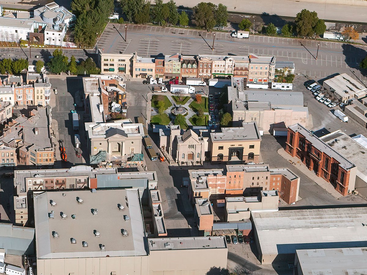 Aerial photograph of the backlot at Universal Studios Hollywood, in Universal City, California